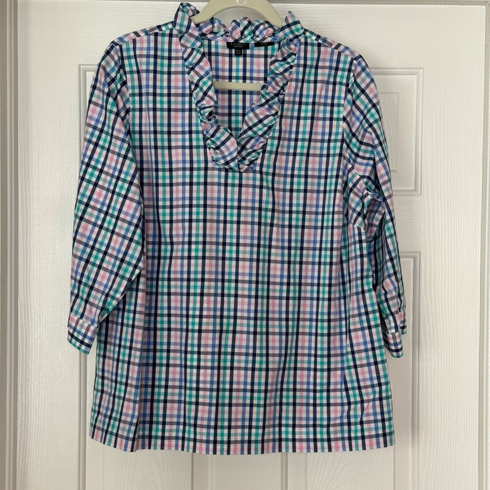 Talbots Gingham Ruffle Neck Top